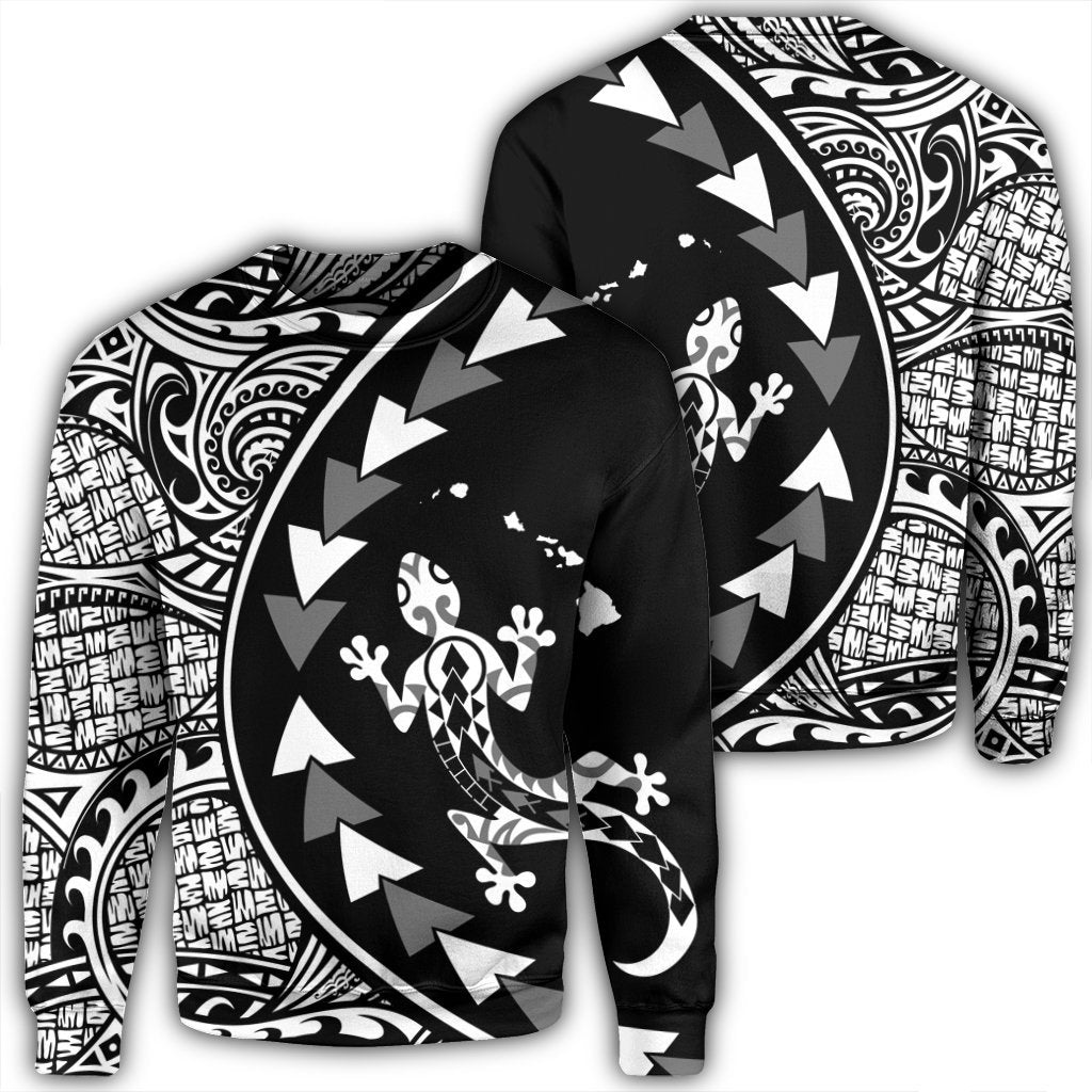 Hawaiian Map Gecko Tattoo Kakau Polynesian Sweatshirt White AH Unisex Black - Polynesian Pride