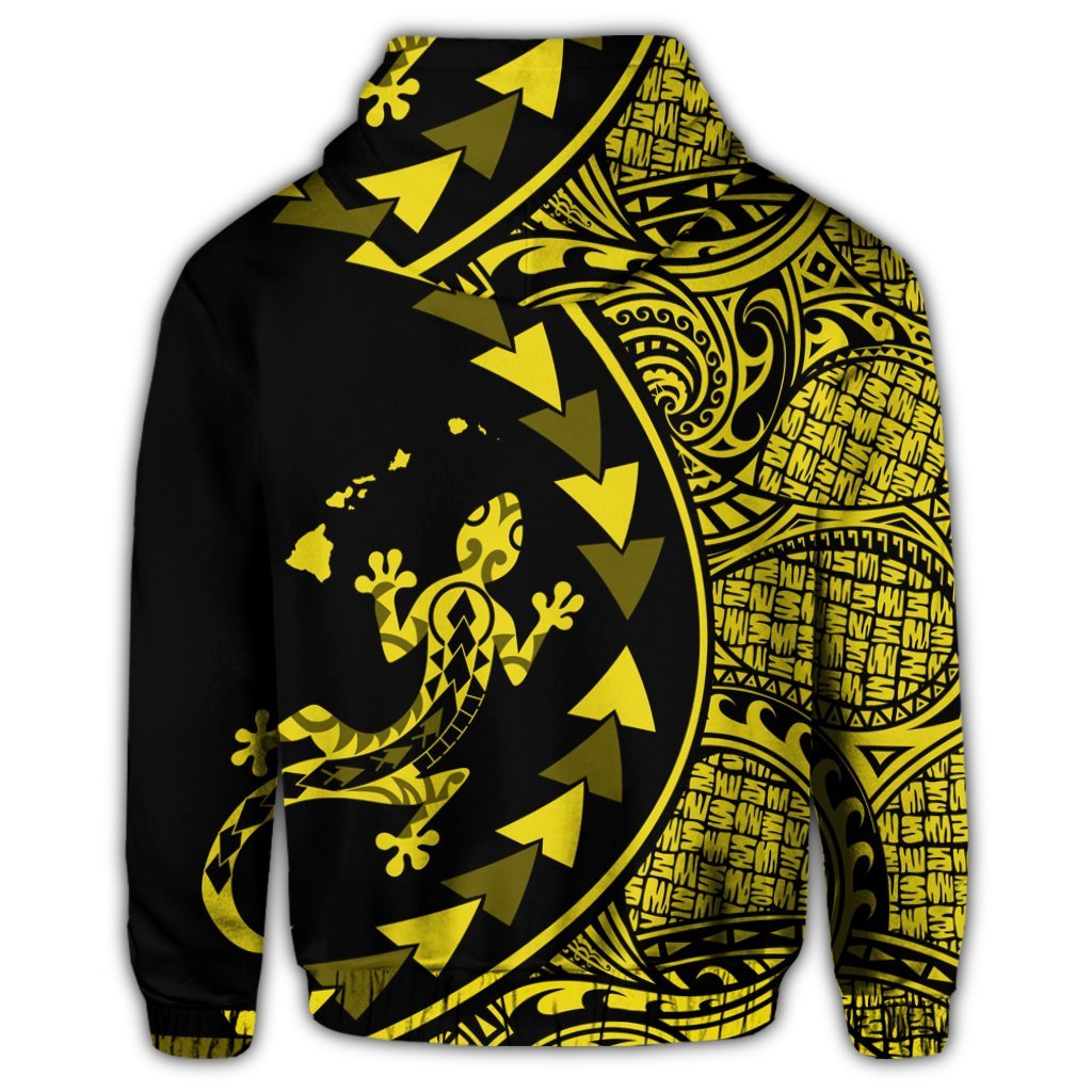 Hawaiian Map Gecko Tattoo Kakau Polynesian Zip Hoodie Yellow - Polynesian Pride
