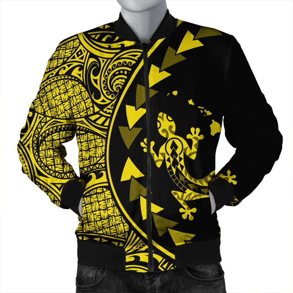 Hawaiian Map Gecko Tattoo Kakau Polynesian Bomber Jacket Yellow AH Black Unisex - Polynesian Pride