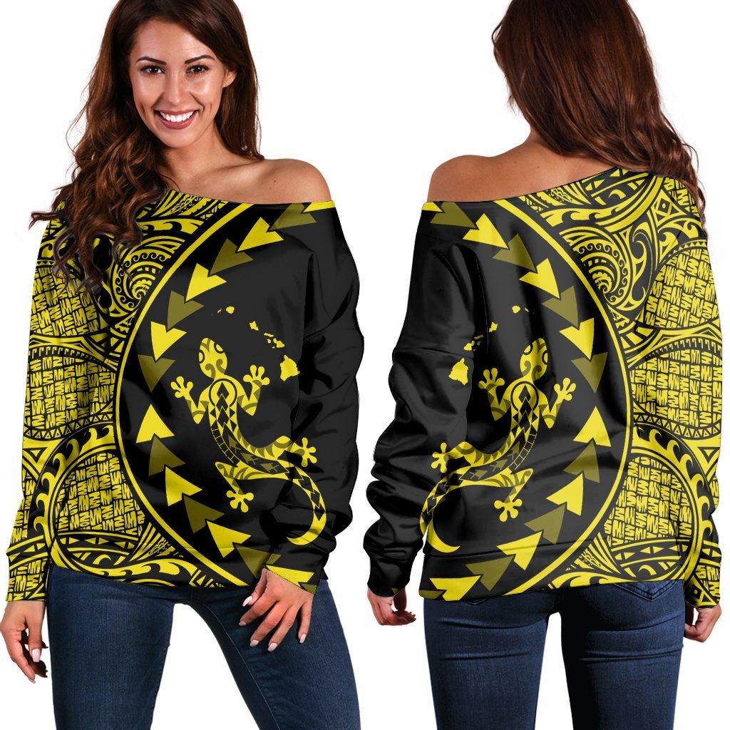 Hawaiian Map Gecko Tattoo Kakau Polynesian Women's Off Shoulder Sweater Yellow AH Black - Polynesian Pride