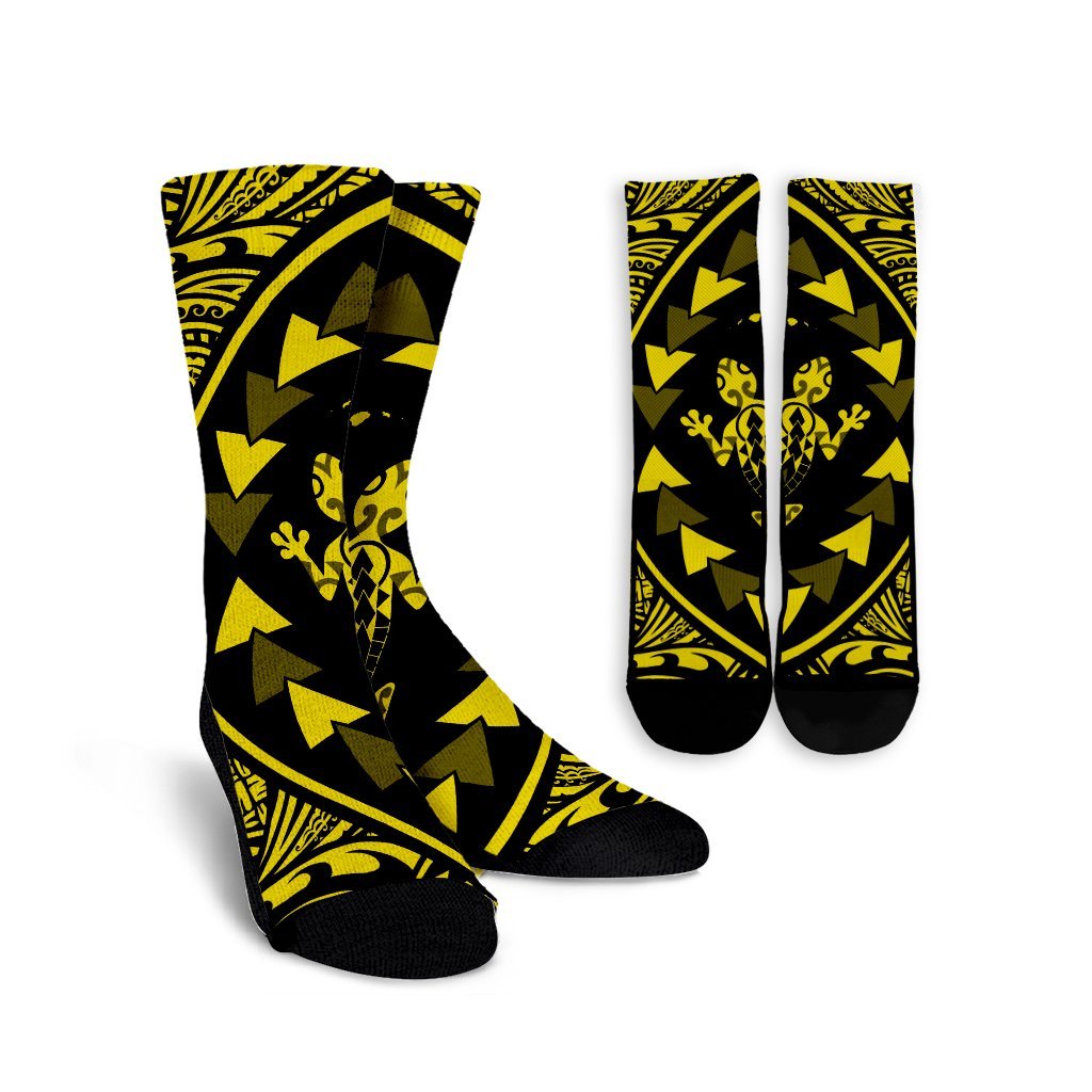 Hawaiian Map Gecko Tattoo Kakau Polynesian Crew Socks Yellow AH Crew Socks White - Polynesian Pride
