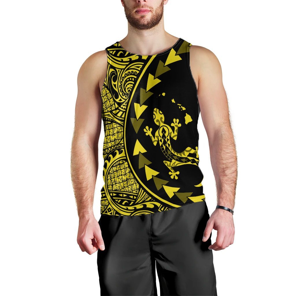 Hawaiian Map Gecko Tattoo Kakau Polynesian Tank Top Yellow AH Black - Polynesian Pride