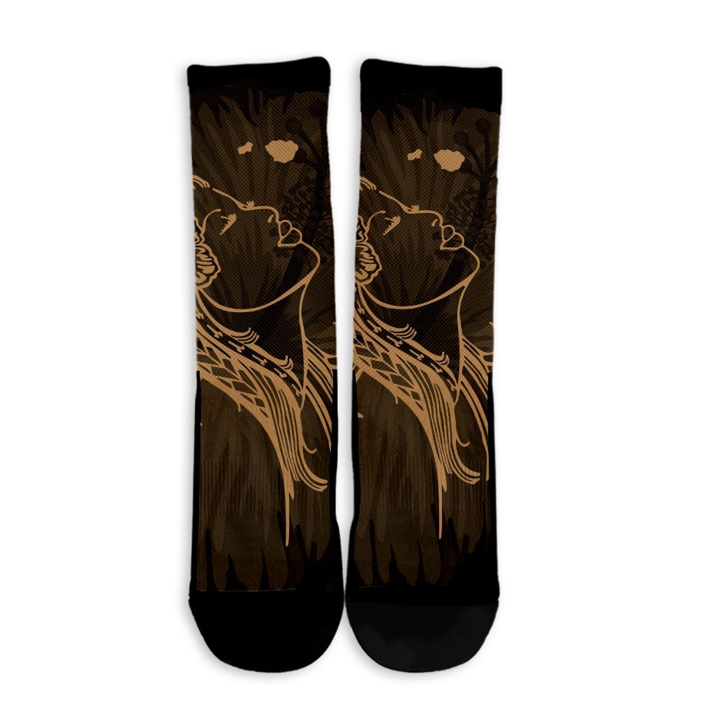 Hawaiian Map Heart Hula Girl Hibiscus Gold Polynesian Crew Socks - AH - Polynesian Pride