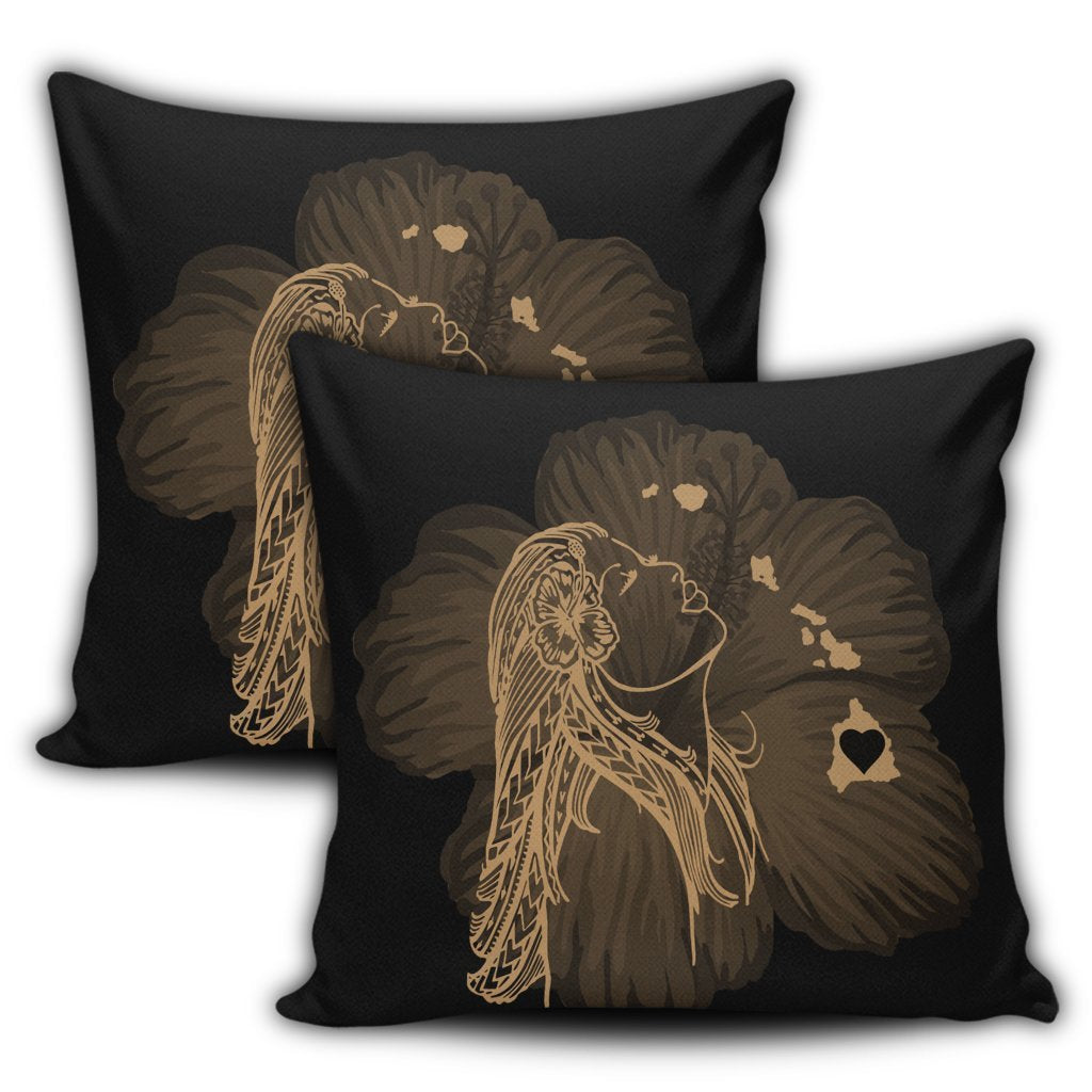 Hawaiian Map Heart Hula Girl Hibiscus Gold Polynesian Pillow Covers - AH - Polynesian Pride