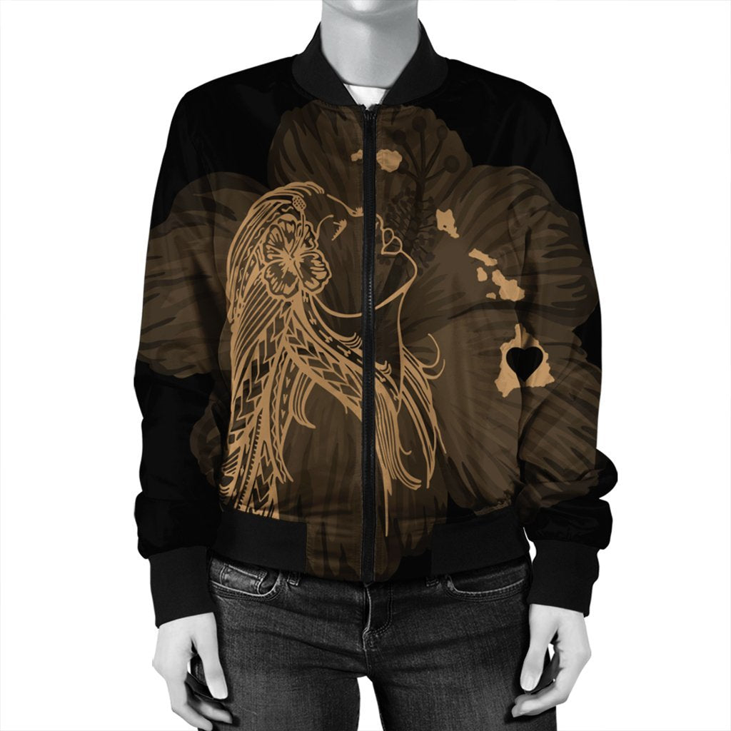 Hawaiian Map Heart Hula Girl Hibiscus Gold Polynesian Bomber Jacket - AH - Polynesian Pride