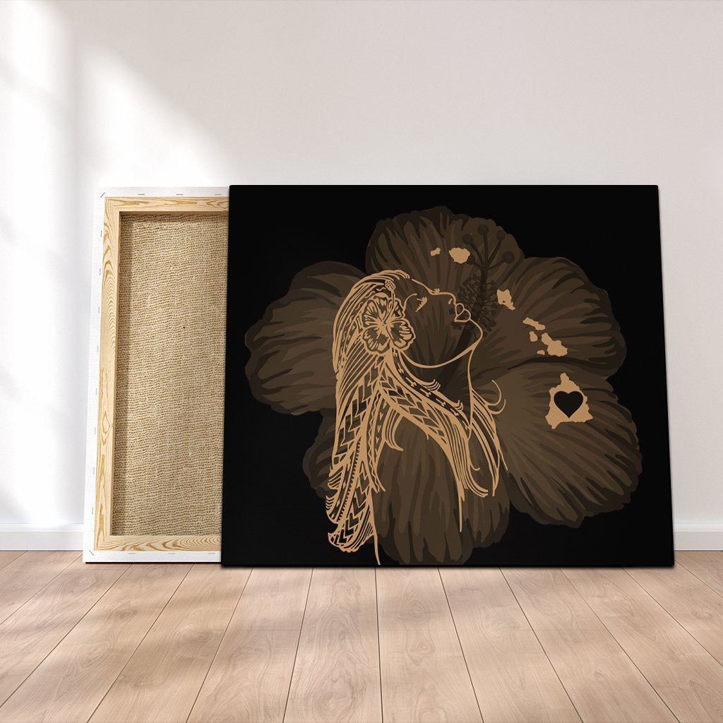 Hawaiian Map Heart Hula Girl Hibiscus Gold Polynesian Canvas - AH Canvas Poly-cotton - Polynesian Pride