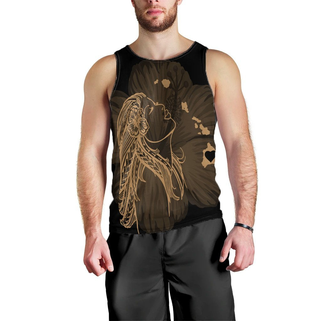 Hawaiian Map Heart Hula Girl Hibiscus Gold Polynesian Tank Top - AH Black - Polynesian Pride