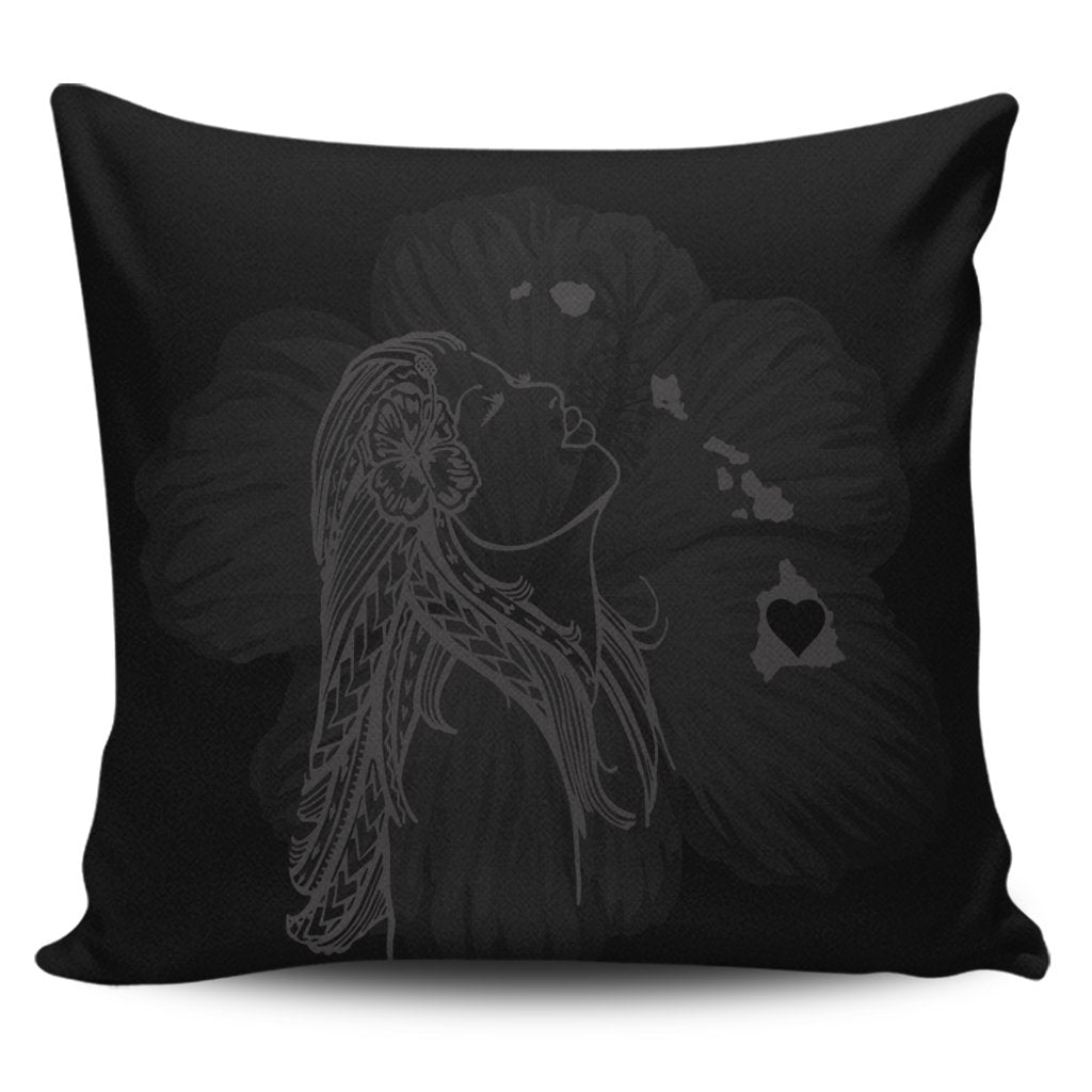 Hawaiian Map Heart Hula Girl Hibiscus Gray Polynesian Pillow Covers - AH Pillow Covers Black - Polynesian Pride