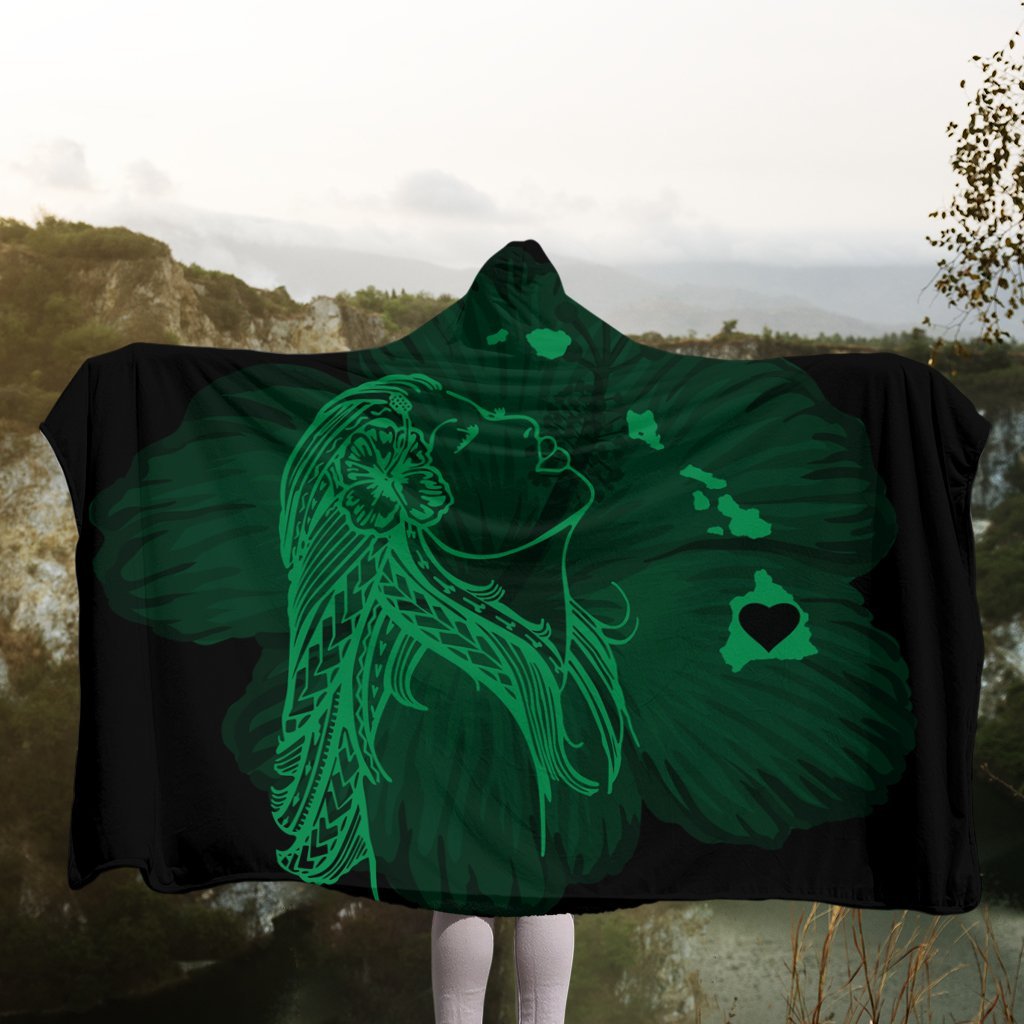 Hawaiian Map Heart Hula Girl Hibiscus Green Polynesian Hooded Blanket - AH - Polynesian Pride