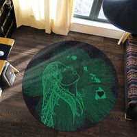 Hawaiian Map Heart Hula Girl Hibiscus Green Polynesian Round Carpet - AH - Polynesian Pride