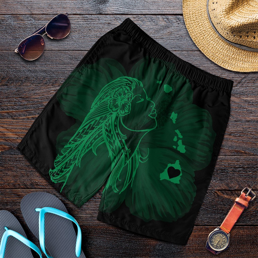 Hawaiian Map Heart Hula Girl Hibiscus Green Polynesian Men's Shorts - AH Art - Polynesian Pride