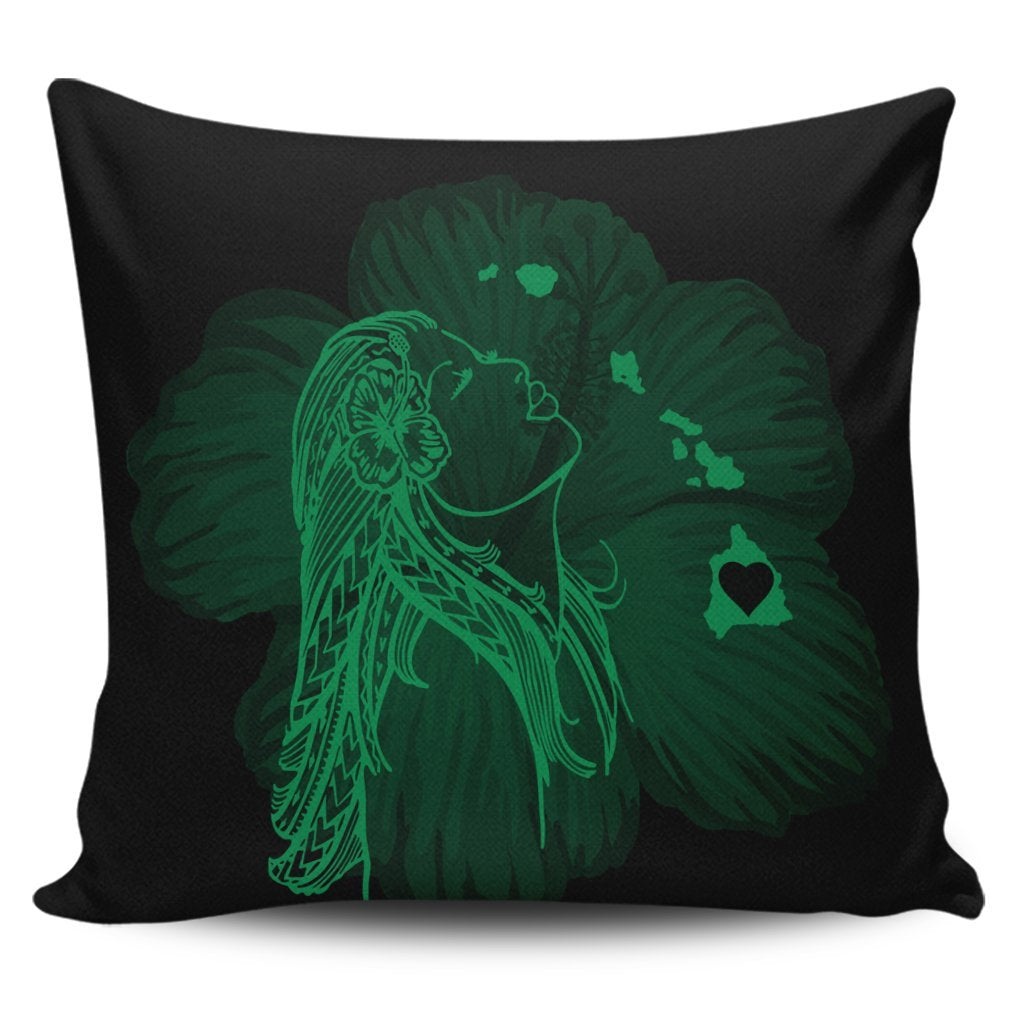 Hawaiian Map Heart Hula Girl Hibiscus Green Polynesian Pillow Covers - AH Pillow Covers Black - Polynesian Pride