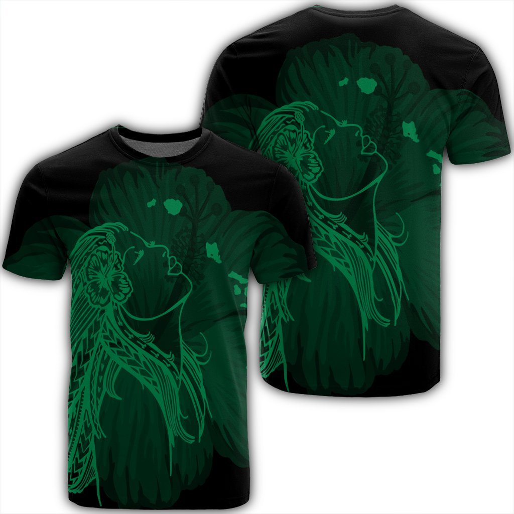 Hawaiian Map Heart Hula Girl Hibiscus Green Polynesian T Shirt Unisex Black - Polynesian Pride