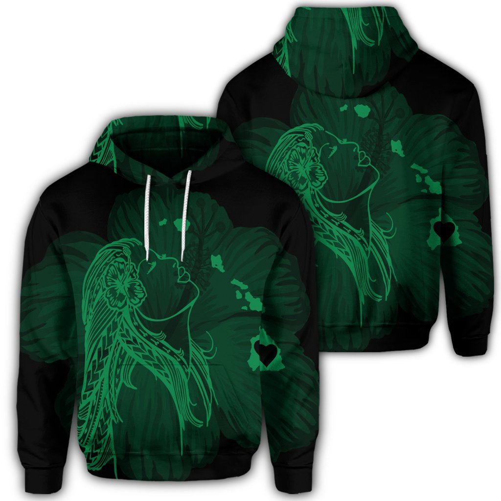 Hawaiian Map Heart Hula Girl Hibiscus Green Polynesian Hoodie Unisex Art - Polynesian Pride