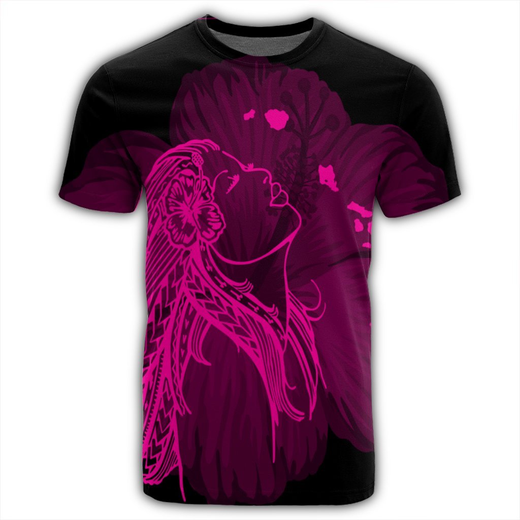 Hawaiian Map Heart Hula Girl Hibiscus Pink Polynesian T Shirt - Polynesian Pride