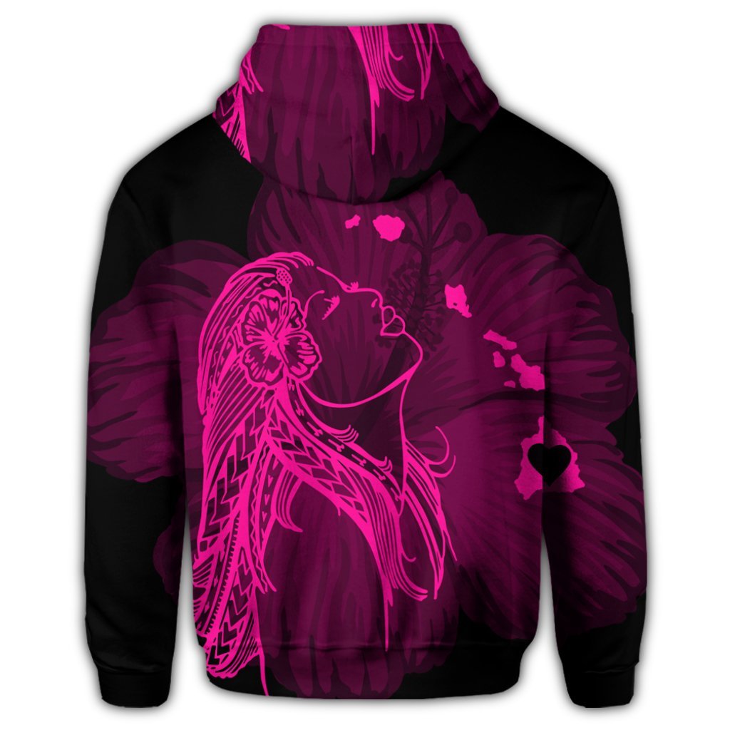 Hawaiian Map Heart Hula Girl Hibiscus Pink Polynesian Zip Hoodie - Polynesian Pride