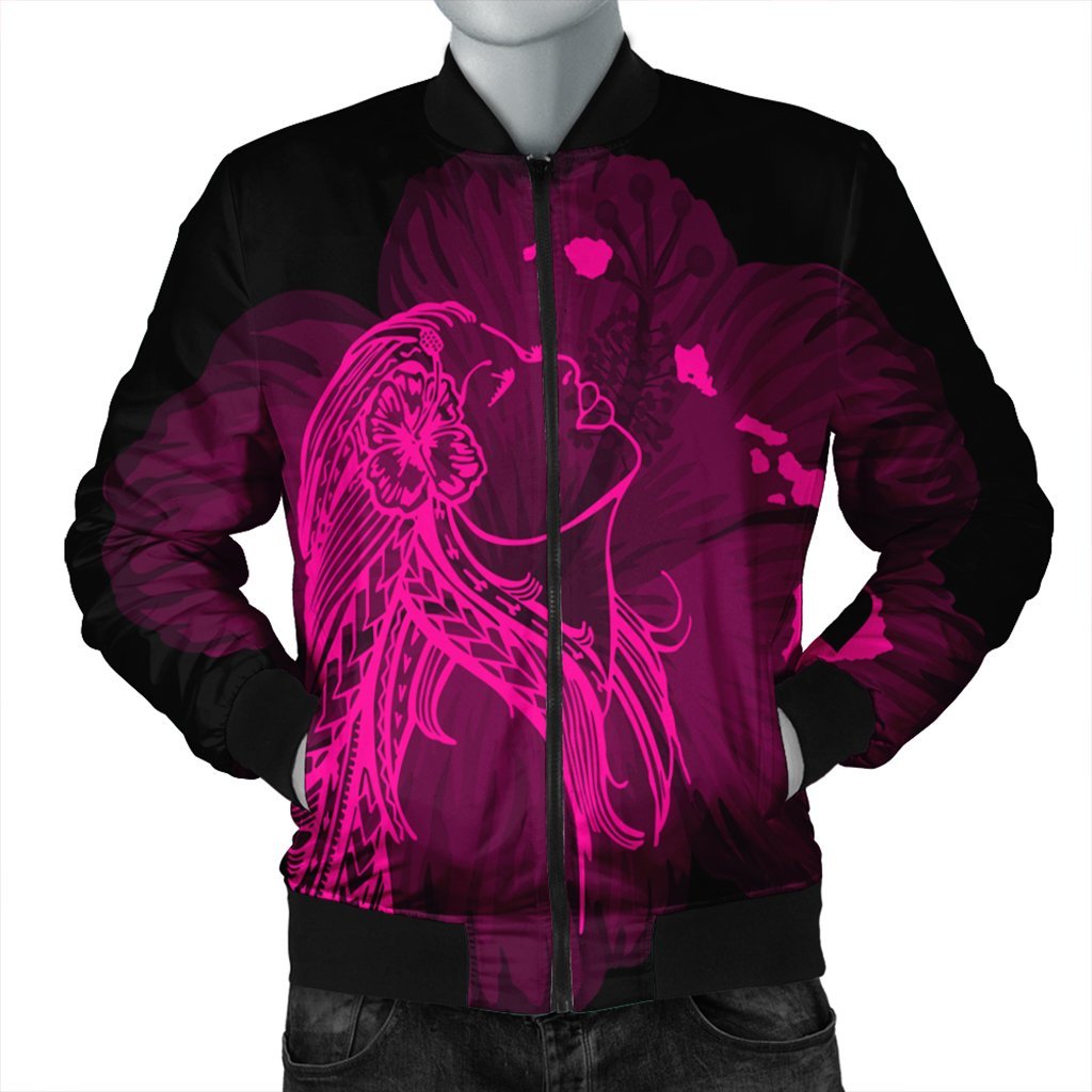 Hawaiian Map Heart Hula Girl Hibiscus Pink Polynesian Bomber Jacket - AH Black Unisex - Polynesian Pride