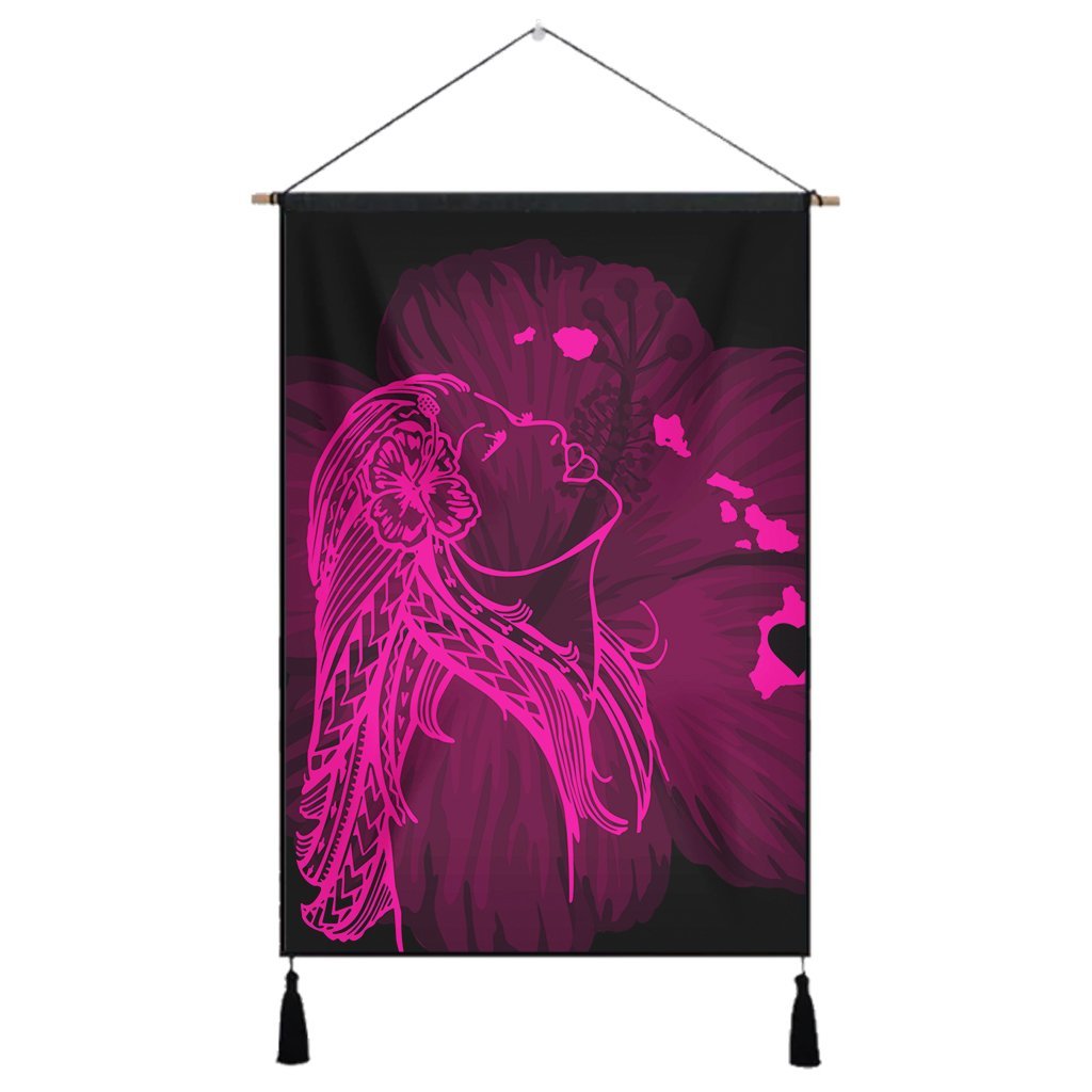 Hawaiian Map Heart Hula Girl Hibiscus Pink Polynesian Hanging Poster - AH Hanging Poster Cotton And Linen - Polynesian Pride