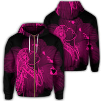 Hawaiian Map Heart Hula Girl Hibiscus Pink Polynesian Zip Hoodie Unisex Art - Polynesian Pride