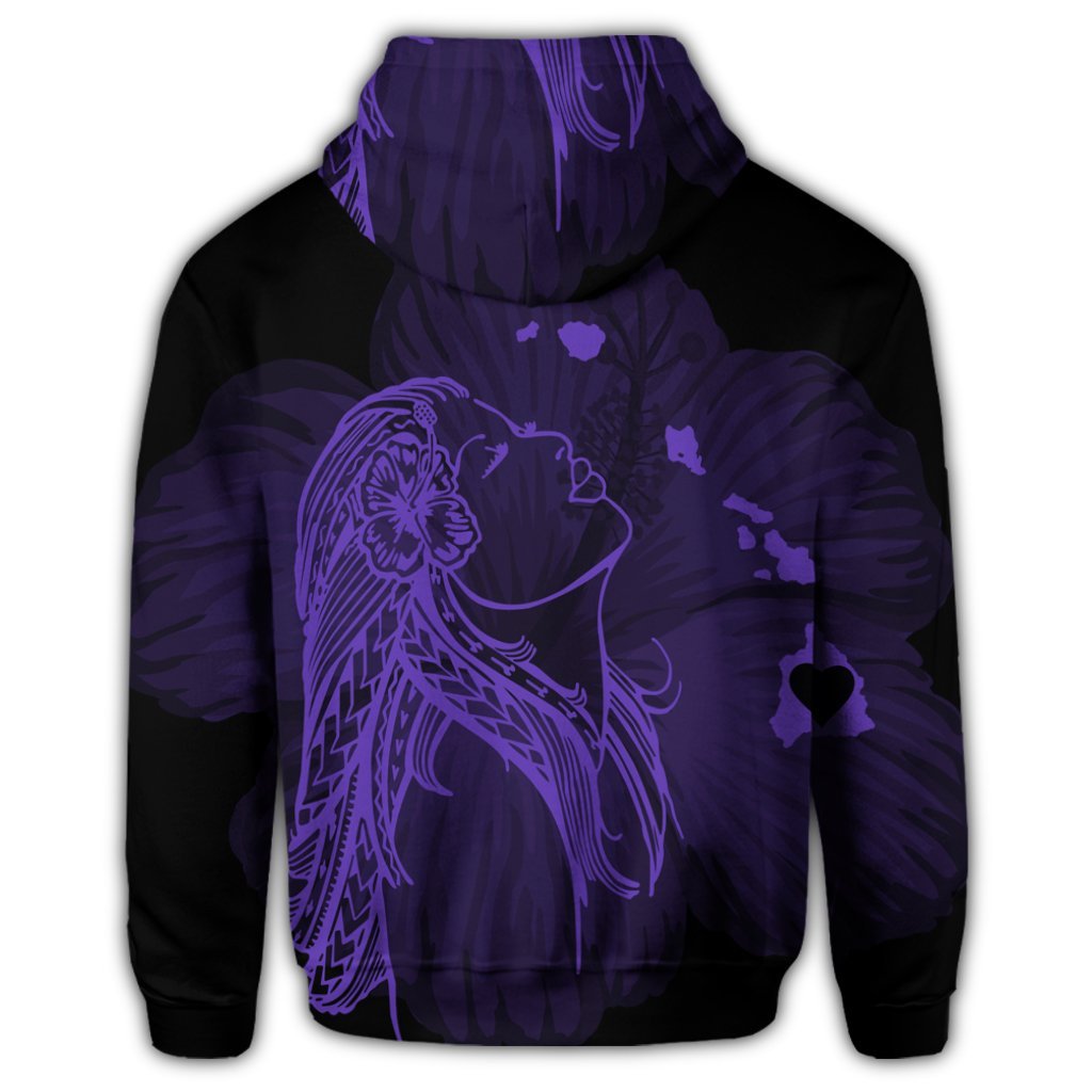 Hawaiian Map Heart Hula Girl Hibiscus Purple Polynesian Zip Hoodie - Polynesian Pride