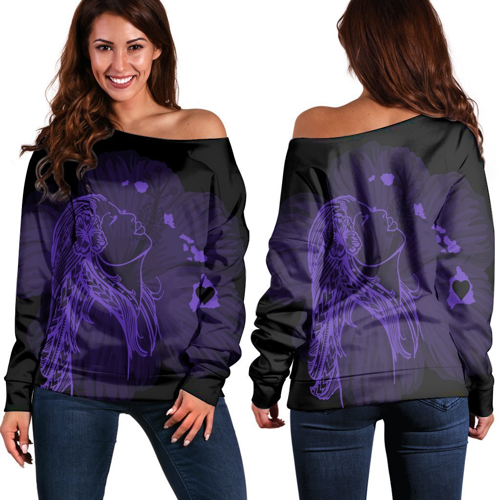 Hawaiian Map Heart Hula Girl Hibiscus Purple Polynesian Women's Off Shoulder Sweater - AH Black - Polynesian Pride