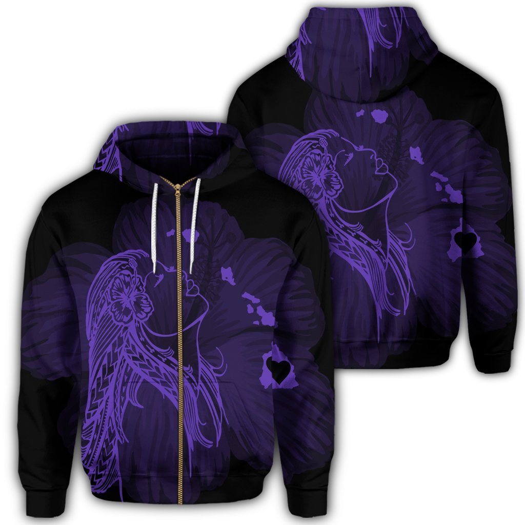 Hawaiian Map Heart Hula Girl Hibiscus Purple Polynesian Zip Hoodie Unisex Art - Polynesian Pride