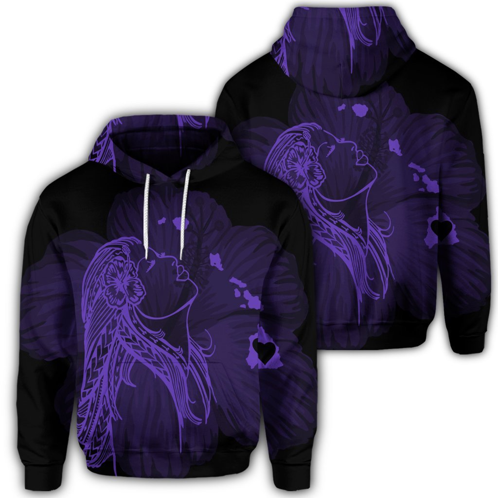 Hawaiian Map Heart Hula Girl Hibiscus Purple Polynesian Hoodie Unisex Art - Polynesian Pride