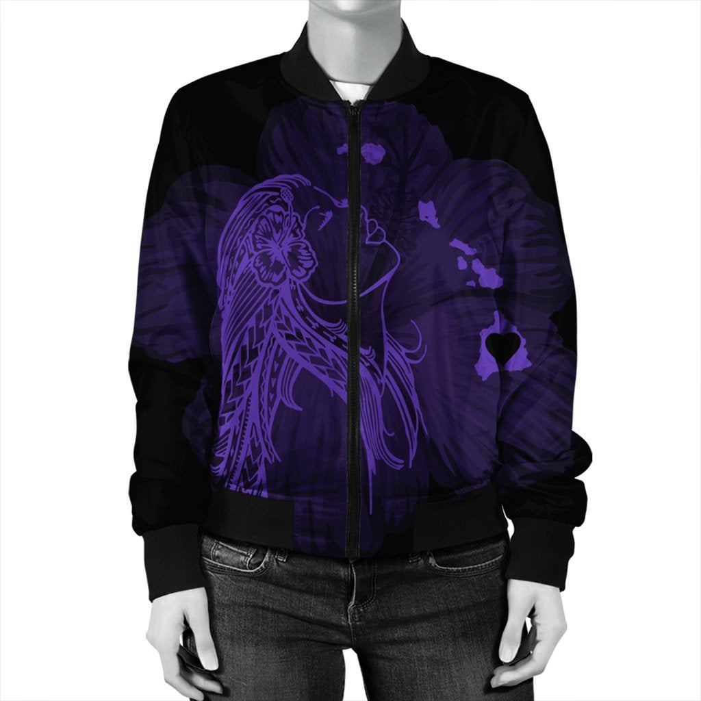 Hawaiian Map Heart Hula Girl Hibiscus Purple Polynesian Bomber Jacket - AH - Polynesian Pride