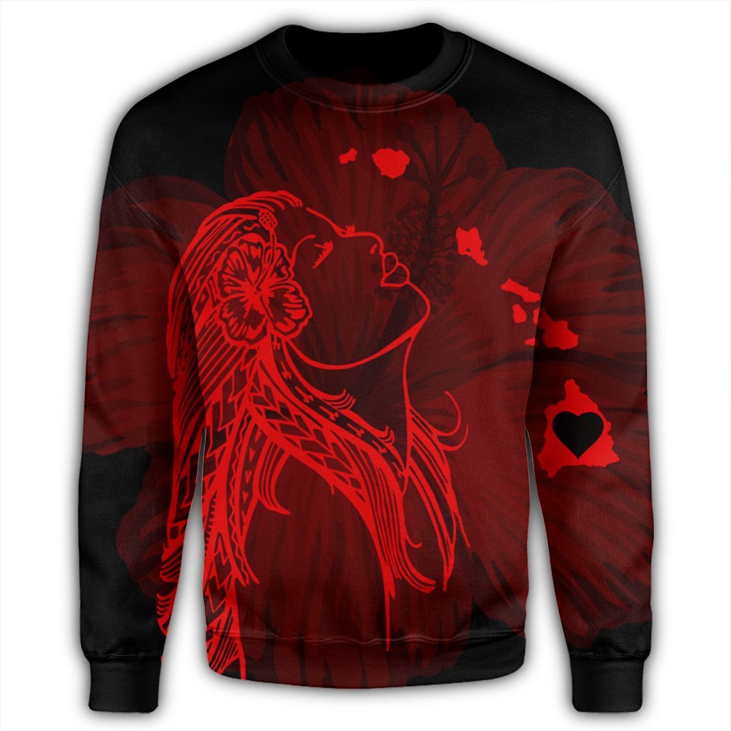 Hawaiian Map Heart Hula Girl Hibiscus Red Polynesian Sweatshirt - AH - Polynesian Pride