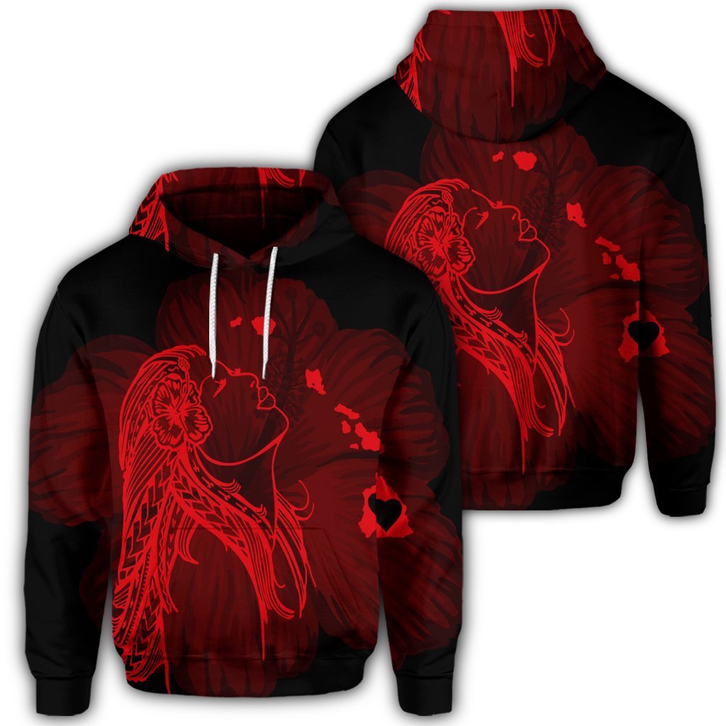 Hawaiian Map Heart Hula Girl Hibiscus Red Polynesian Hoodie Unisex Art - Polynesian Pride