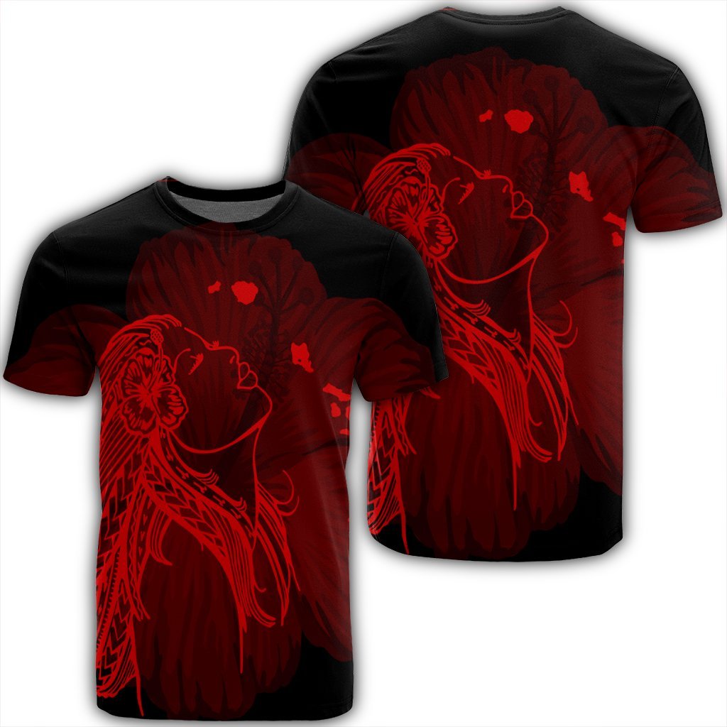 Hawaiian Map Heart Hula Girl Hibiscus Red Polynesian T Shirt Unisex Black - Polynesian Pride