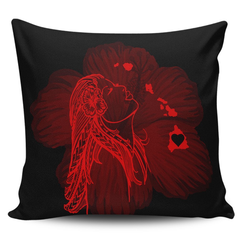 Hawaiian Map Heart Hula Girl Hibiscus Red Polynesian Pillow Covers - AH Pillow Covers Black - Polynesian Pride