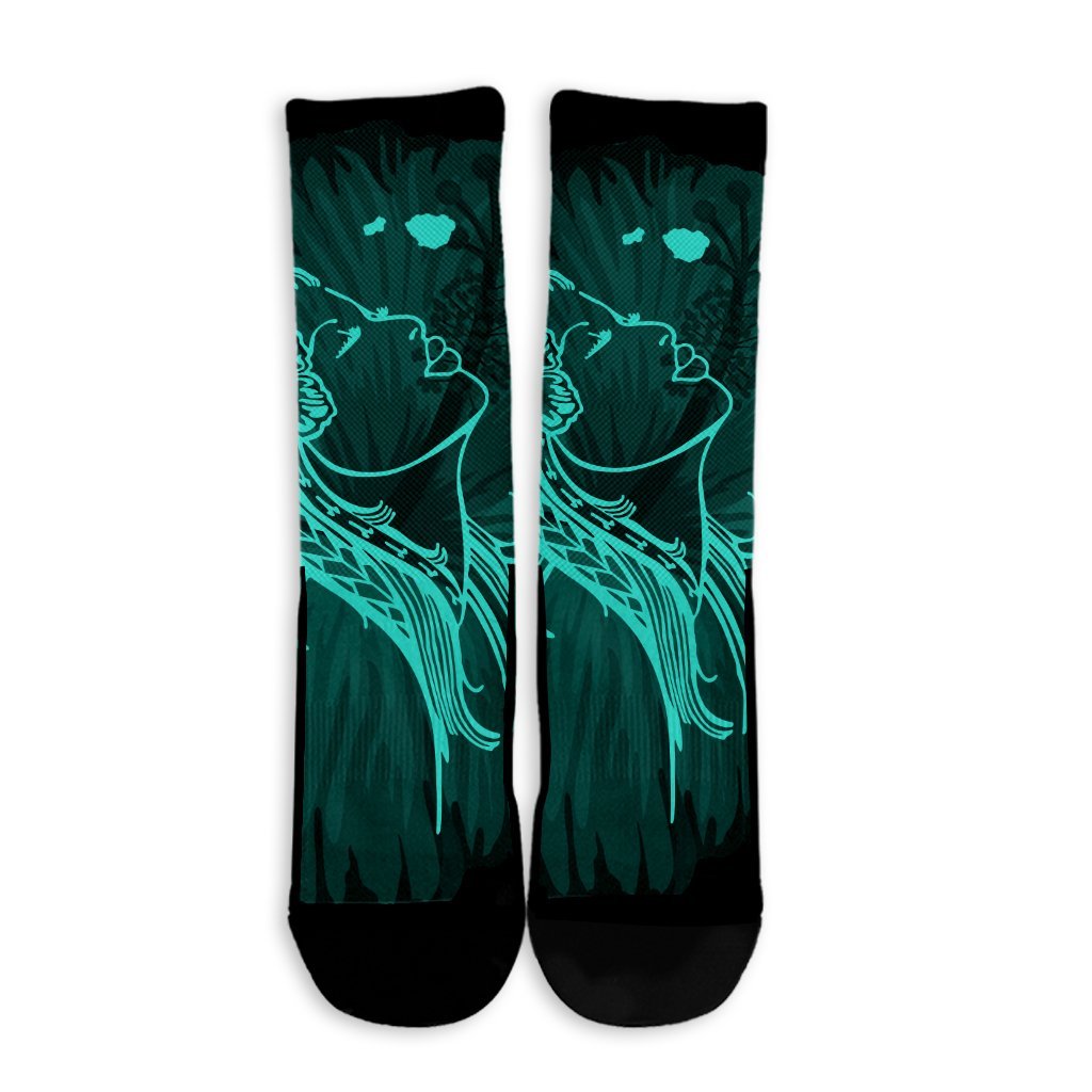 Hawaiian Map Heart Hula Girl Hibiscus Turquoise Polynesian Crew Socks - AH - Polynesian Pride