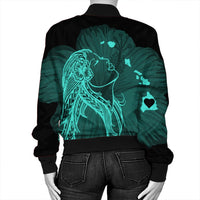 Hawaiian Map Heart Hula Girl Hibiscus Turquoise Polynesian Bomber Jacket - AH - Polynesian Pride