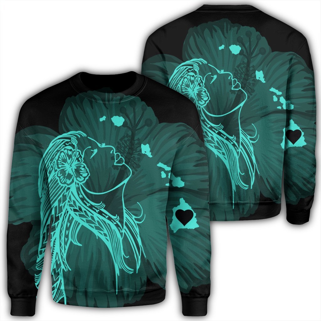 Hawaiian Map Heart Hula Girl Hibiscus Turquoise Polynesian Sweatshirt - AH Unisex Black - Polynesian Pride