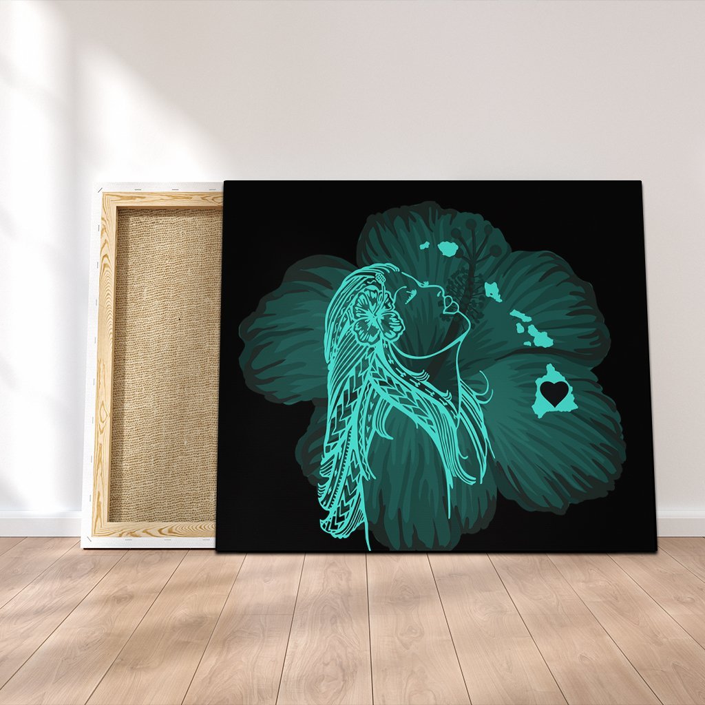 Hawaiian Map Heart Hula Girl Hibiscus Turquoise Polynesian Canvas - AH Canvas Poly-cotton - Polynesian Pride