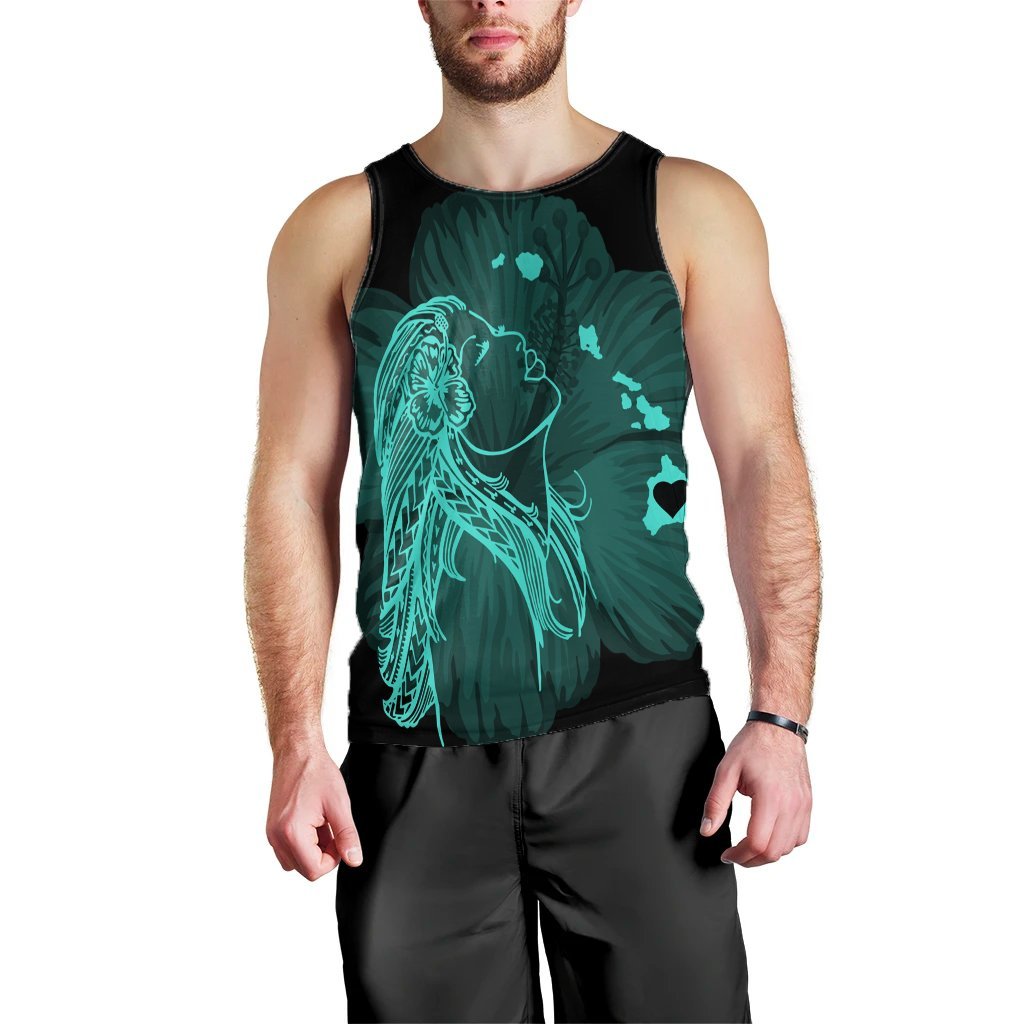 Hawaiian Map Heart Hula Girl Hibiscus Turquoise Polynesian Tank Top - AH Black - Polynesian Pride