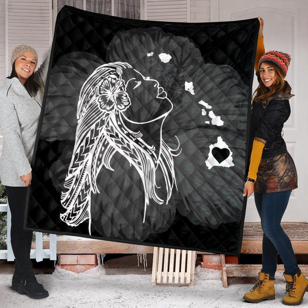Hawaiian Map Heart Hula Girl Hibiscus White Polynesian Premium Quilts - AH - Polynesian Pride