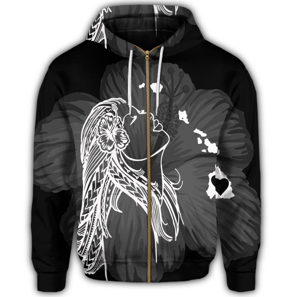 Hawaiian Map Heart Hula Girl Hibiscus White Polynesian Zip Hoodie - Polynesian Pride