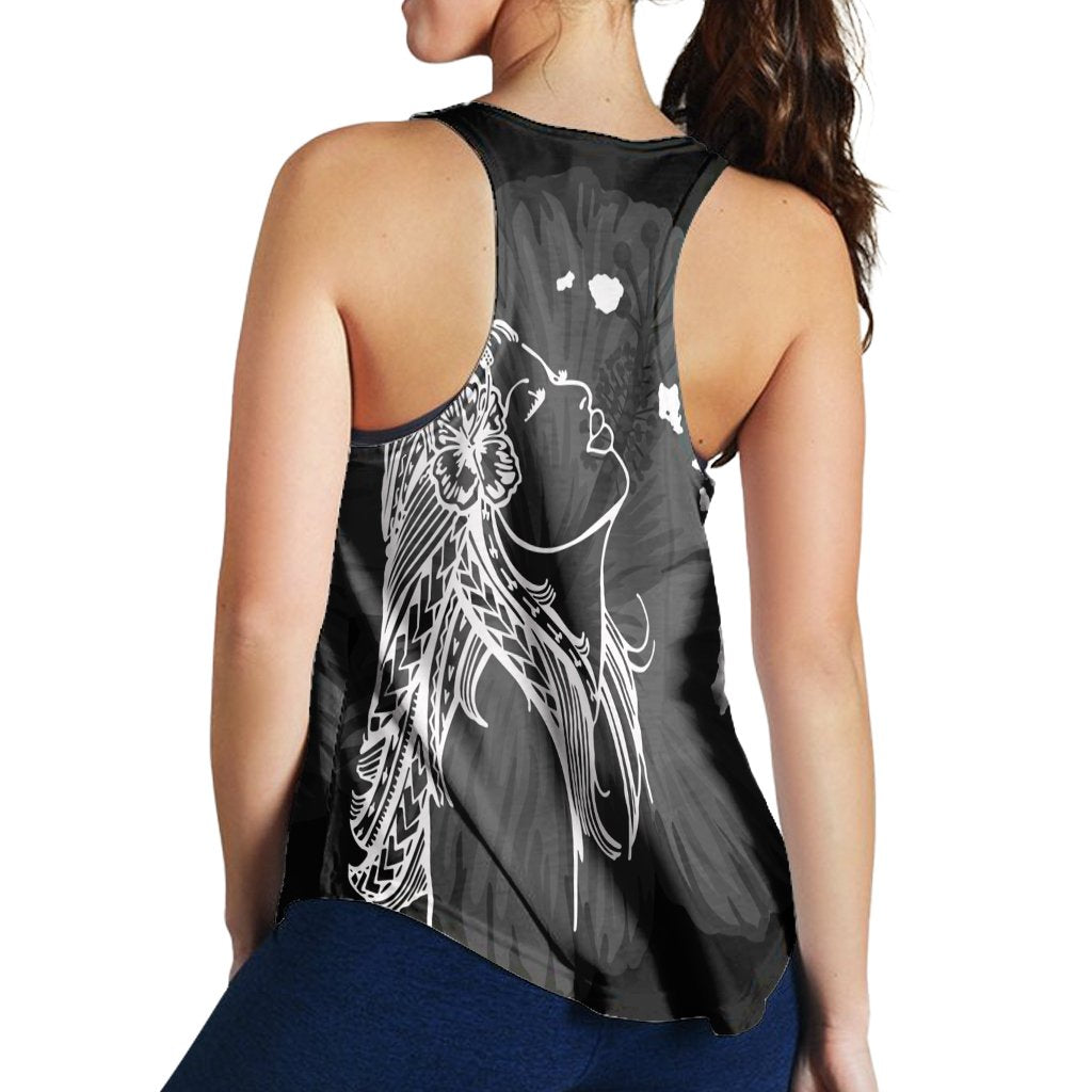 Hawaiian Map Heart Hula Girl Hibiscus White Polynesian Racerback Tank - AH - Polynesian Pride