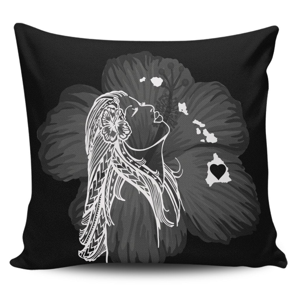 Hawaiian Map Heart Hula Girl Hibiscus White Polynesian Pillow Covers - AH Pillow Covers Black - Polynesian Pride