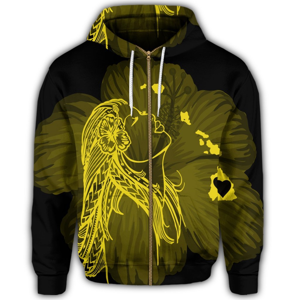 Hawaiian Map Heart Hula Girl Hibiscus Yellow Polynesian Zip Hoodie - Polynesian Pride