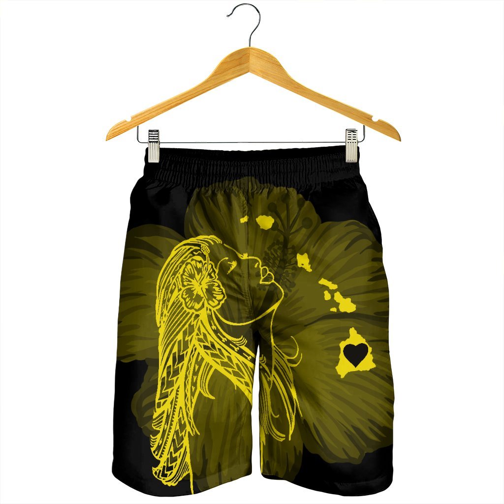 Hawaiian Map Heart Hula Girl Hibiscus Yellow Polynesian Men's Shorts - AH - Polynesian Pride