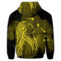 Hawaiian Map Heart Hula Girl Hibiscus Yellow Polynesian Zip Hoodie - Polynesian Pride