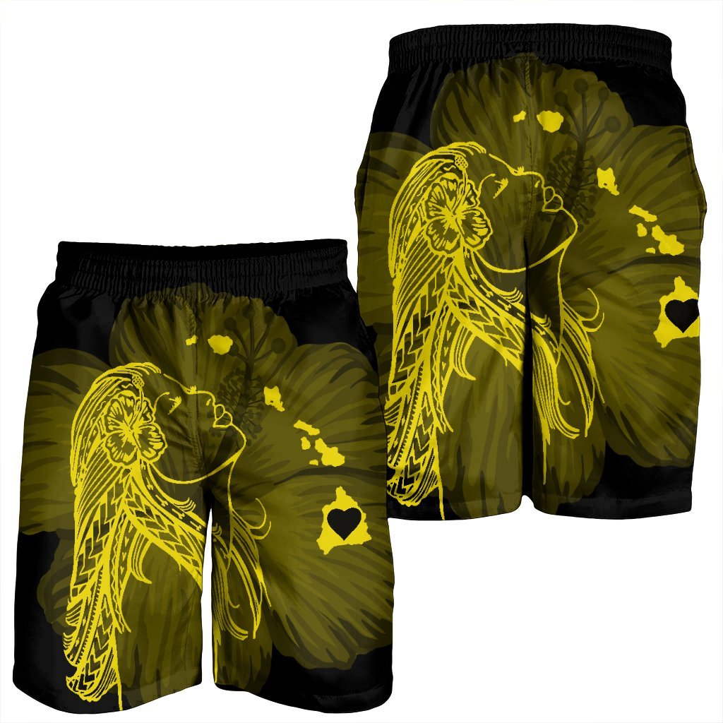 Hawaiian Map Heart Hula Girl Hibiscus Yellow Polynesian Men's Shorts - AH - Polynesian Pride
