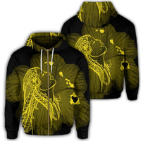 Hawaiian Map Heart Hula Girl Hibiscus Yellow Polynesian Zip Hoodie Unisex Art - Polynesian Pride