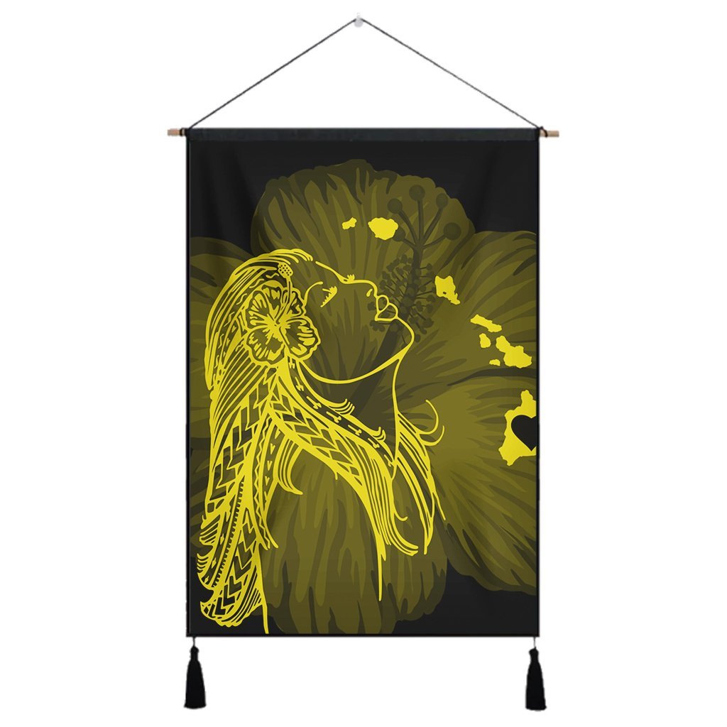 Hawaiian Map Heart Hula Girl Hibiscus Yellow Polynesian Hanging Poster - AH Hanging Poster Cotton And Linen - Polynesian Pride