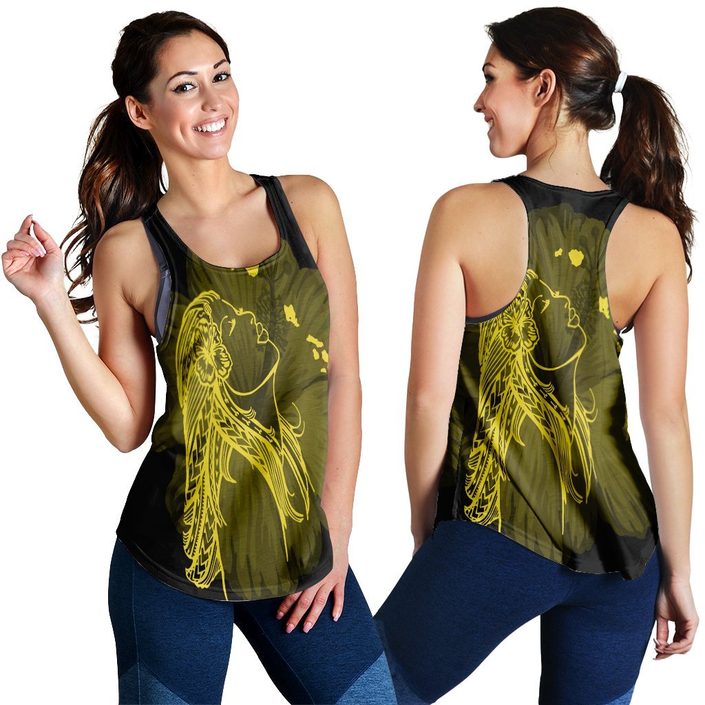 Hawaiian Map Heart Hula Girl Hibiscus Yellow Polynesian Racerback Tank - AH Black - Polynesian Pride