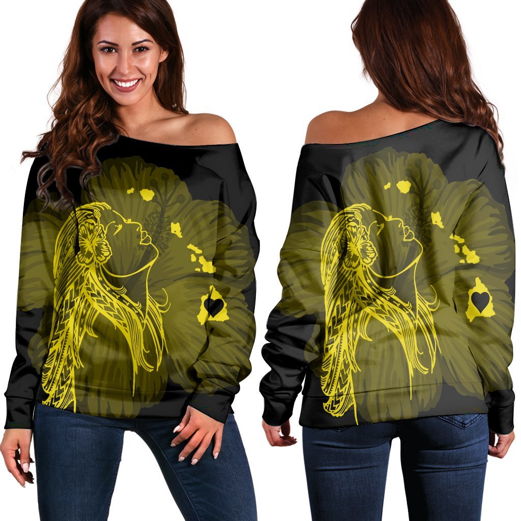 Hawaiian Map Heart Hula Girl Hibiscus Yellow Polynesian Women's Off Shoulder Sweater - AH Black - Polynesian Pride