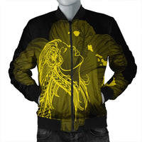 Hawaiian Map Heart Hula Girl Hibiscus Yellow Polynesian Bomber Jacket - AH Black Unisex - Polynesian Pride